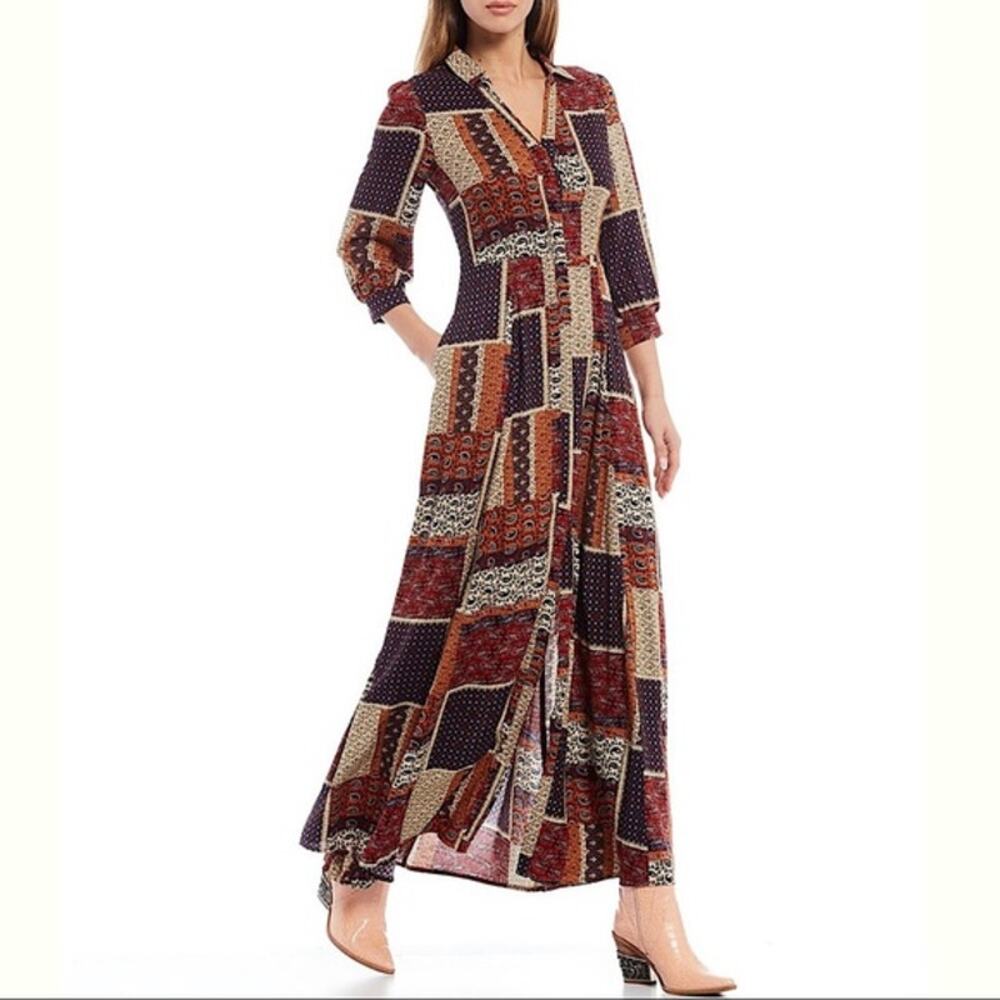 Skies are Blue Womens Dress Size XS Button Front Patchwork Maxi Prairie Hippie